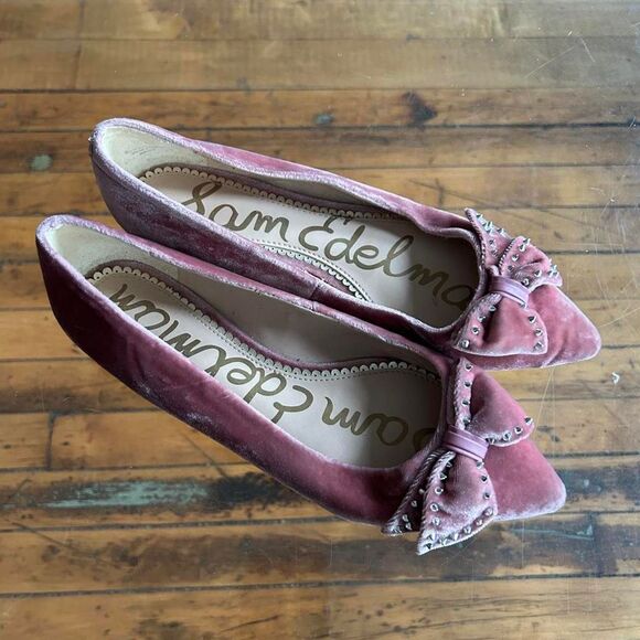 Sam Edelman Shoes - Sam Edelman Raisa Pink Blush Velvet Studded Bow Pointed Toe Flats 7